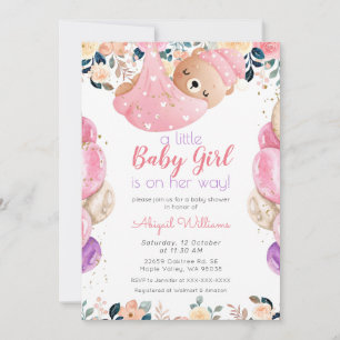 Pink Bear Girl on Her Way, Floral Baby Shower Invitation