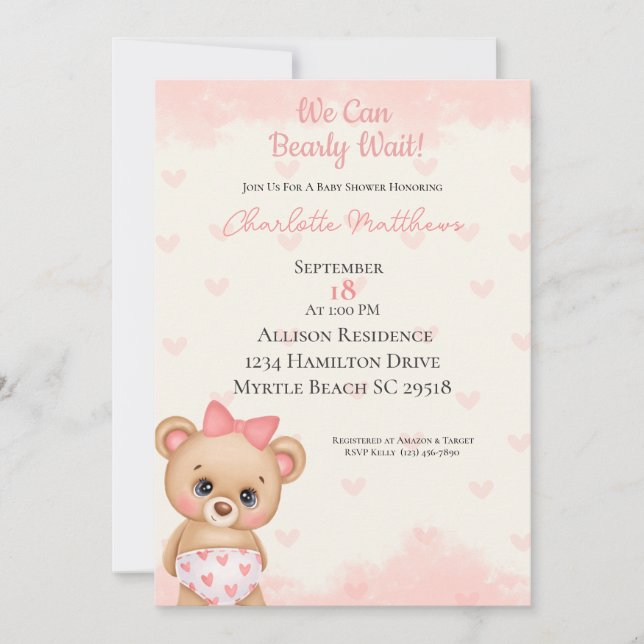 Pink Bear Hearts We Can Bearly Wait Baby Shower Invitation (Front)