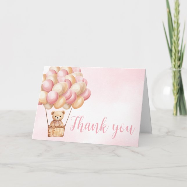 Pink Bear Hot Air Balloon  Thank You Card (Front)