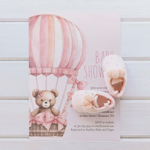 Pink Bear in Balloon Baby Shower Girl Invitation