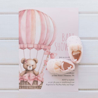 Pink Bear in Balloon Baby Shower Girl Invitation
