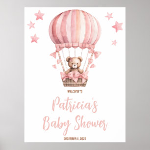 Pink Bear in Hot Air Balloon Baby Shower Welcome Poster