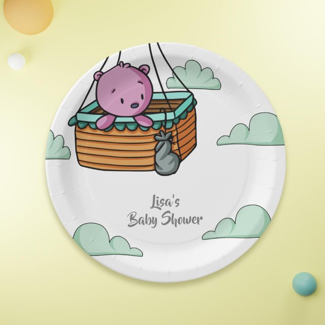 Pink Bear in Hot Air Balloon Basket Baby Shower Paper Plate (Creator Uploaded)