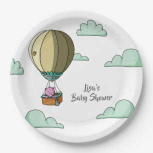 Pink Bear in Hot Air Balloon Cartoon Baby Shower Paper Plate