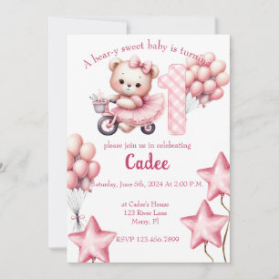 Pink Bear on BIcycle birthday Invitation