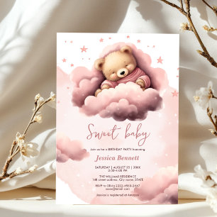 Pink bear on clouds baby birthday invitation 