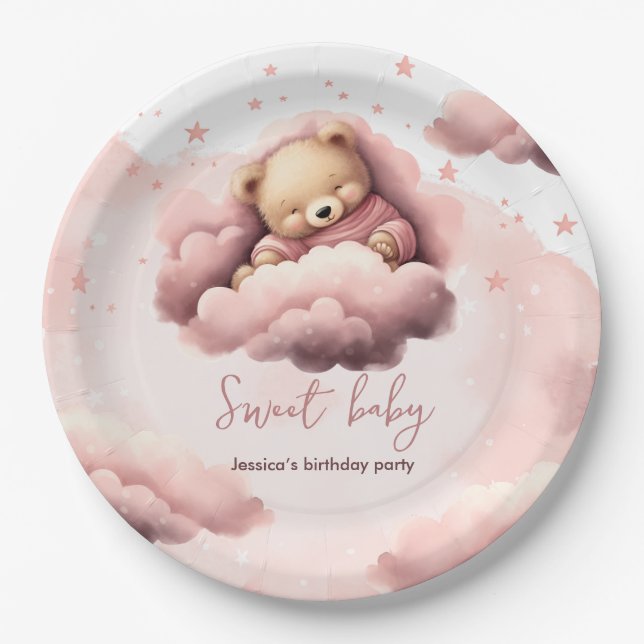 Pink bear on clouds baby birthday party plate (Front)