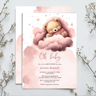 Pink bear on clouds baby shower invitation 