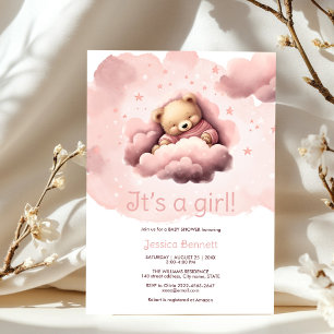Pink bear on clouds baby shower invitation 