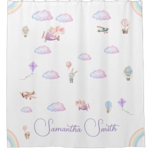 Pink Bear Pastel Airplane Balloon Baby Shower Curtain