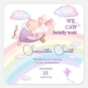 Pink Bear Pastel Airplane Balloon Square Sticker