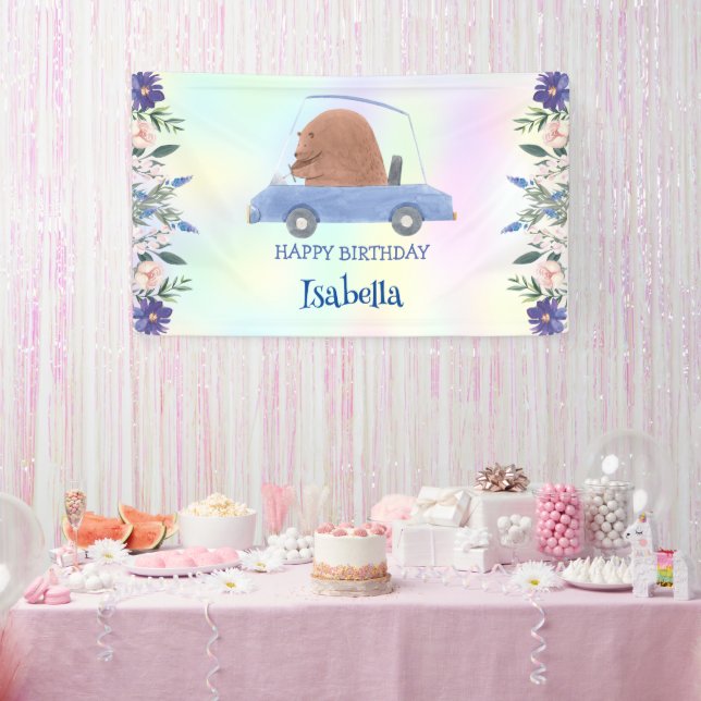 Pink Bear Race car Tropical flower Birthday party Banner (Party)