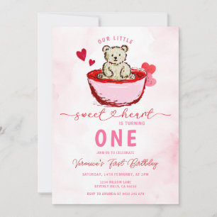 Pink Bear Sweetheart Valentine 1st Birthday Invitation
