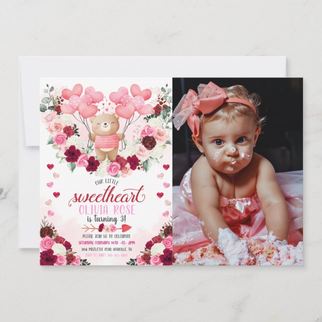Pink Bear Sweetheart Valentine's Photo Birthday Invitation (Front)