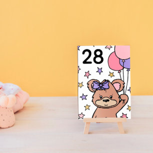 Pink Bear Themed Boy Baby Shower Table Number