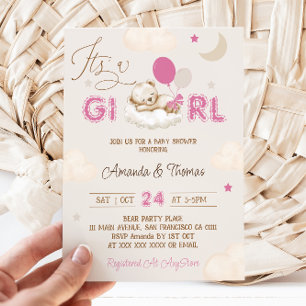 Pink Bear Vintage Baby Shower Invitation