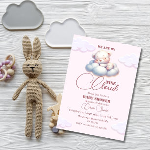 Pink Bear We are on cloud nine Baby Shower Invitation