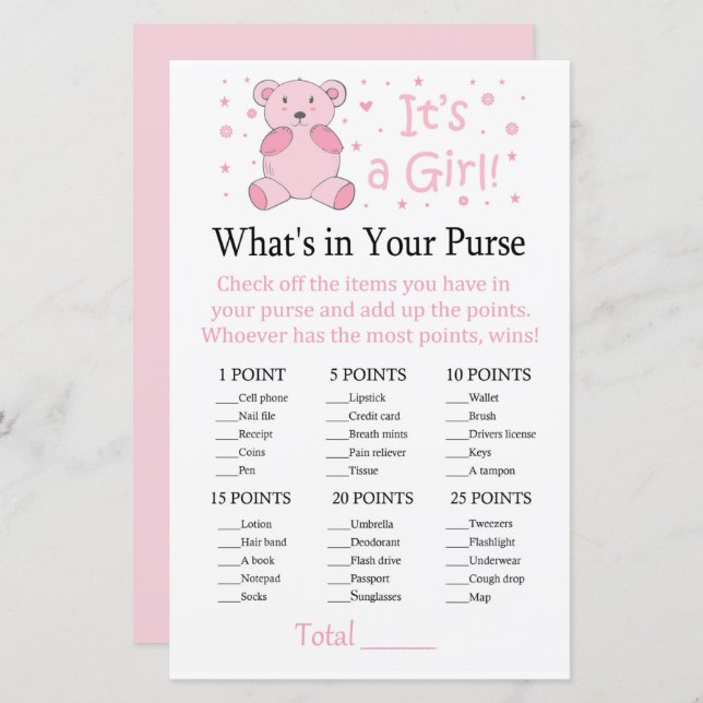 Pink bear What's in your purse game (Front/Back)