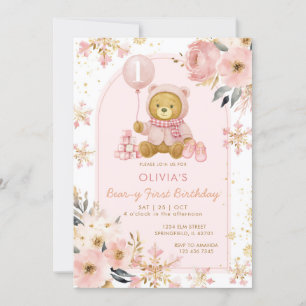 Pink Bear Winter Snowflake Beary First Birthday  Invitation