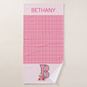 Pink Bear with Letter B in Gingham Checks Bath Towel