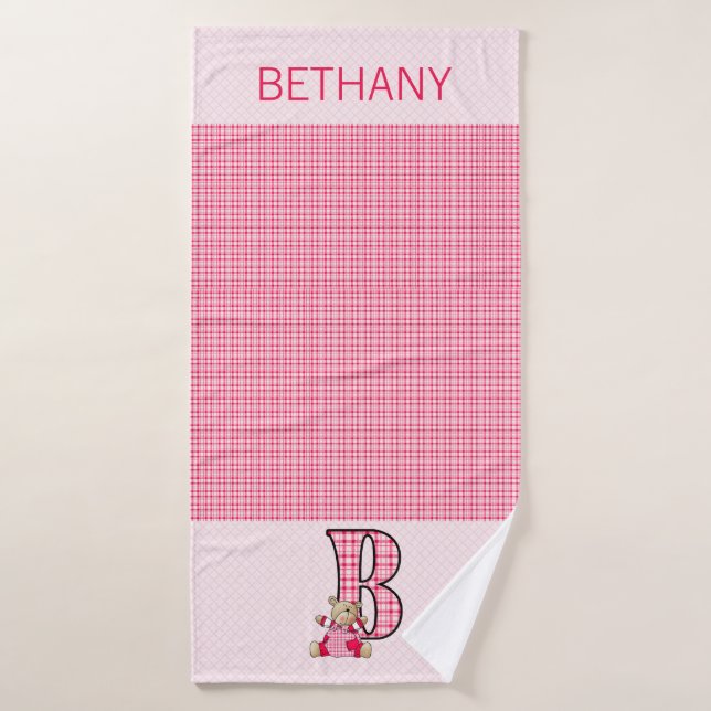 Pink Bear with Letter B in Gingham Checks Bath Towel (Bath Towel)