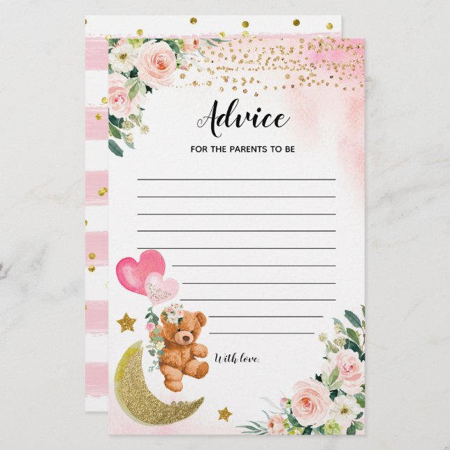 Pink Bearly Baby Shower Advice For Parents Games (Front/Back)
