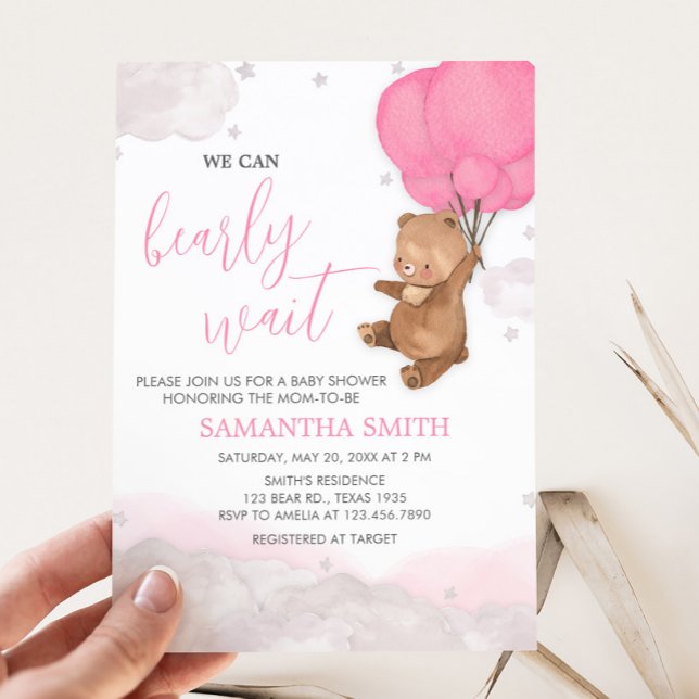 Pink Bearly Wait Baby Shower Invitation (Pink Bearly Wait Balloon Baby Shower Invitation
)