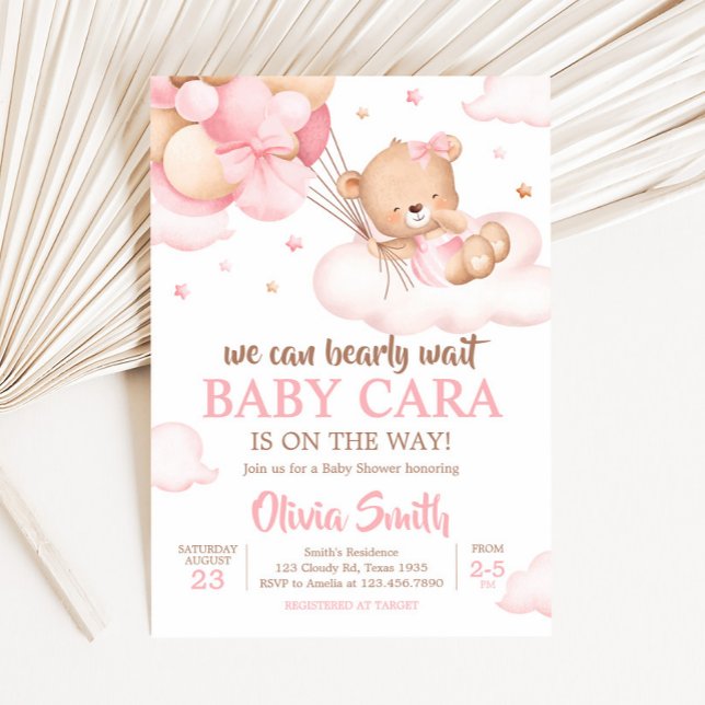 Pink Bearly Wait Clouds Baby Shower Invitation (Pink Bear Clouds Baby Shower Invitation)