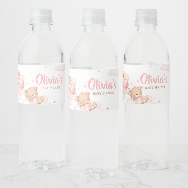 Pink Bearly Wait Clouds Baby Shower Water Bottle Label (Bottles)