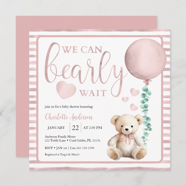 Pink Bearly Wait Girl Baby Shower Invitation (Front/Back)