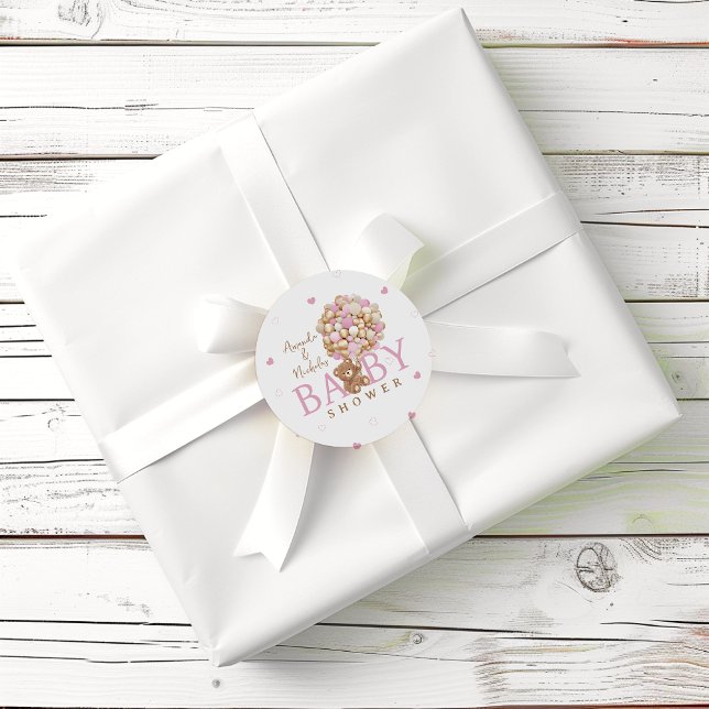 Pink Bearly Wait Teddy bear balloons baby shower  Classic Round Sticker (Creator Uploaded)