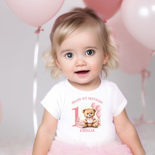 Pink Beary 1st Birthday Girl Baby T-shirt