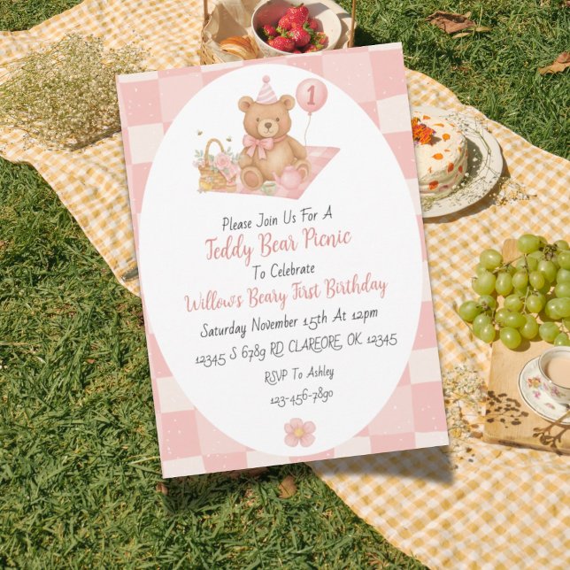 Pink Beary 1st Birthday Invitation  (Teddy Bear Picnic themed first birthday invitation design with charming picnic elements.)