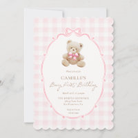Pink Beary First Birthday Invitation
