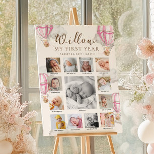 Pink Beary First Birthday Photo Timeline Poster
