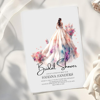 Pink Beautiful Floral Wedding Dress Bridal Shower Invitation