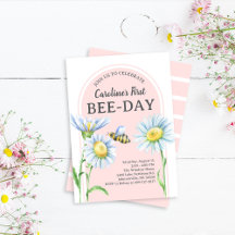 Pink Bee-Day Birthday Invitation with Daisies