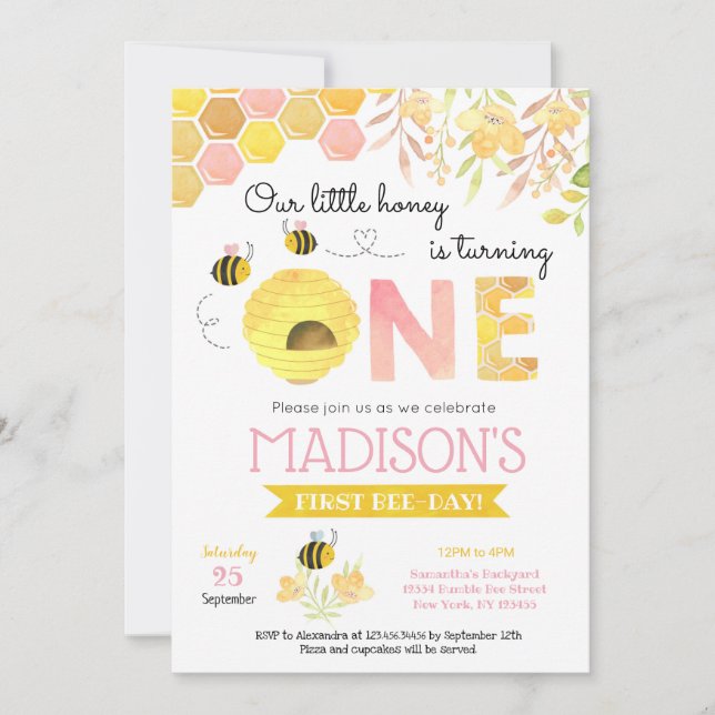 Pink Bee First 1st Birthday party invitations (Front)
