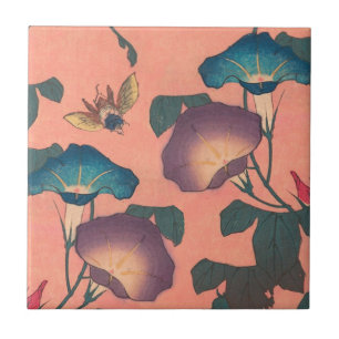 Pink Bee Flower Classic Hokusai Art Ceramic Tile