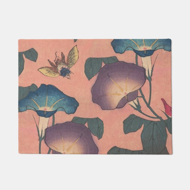 Pink Bee Flower Classic Hokusai Art Doormat (Front)