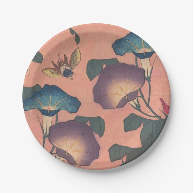 Pink Bee Flower Classic Hokusai Art Paper Plate (Front)