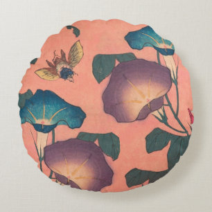Pink Bee Flower Classic Hokusai Art Round Cushion