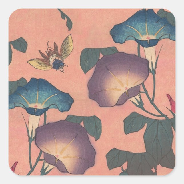Pink Bee Flower Classic Hokusai Art Square Sticker (Front)
