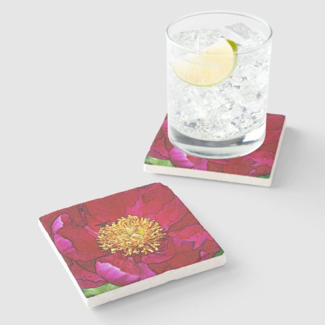Pink Bee Peony Stone Coaster (Side)