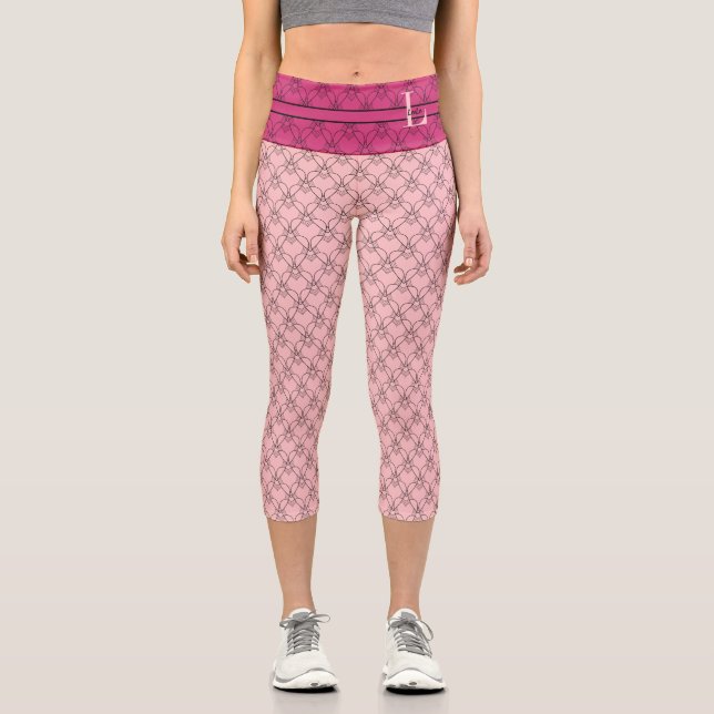 Pink & Beetroot Purple Hearts Monogram & Name Capri Leggings (Front)