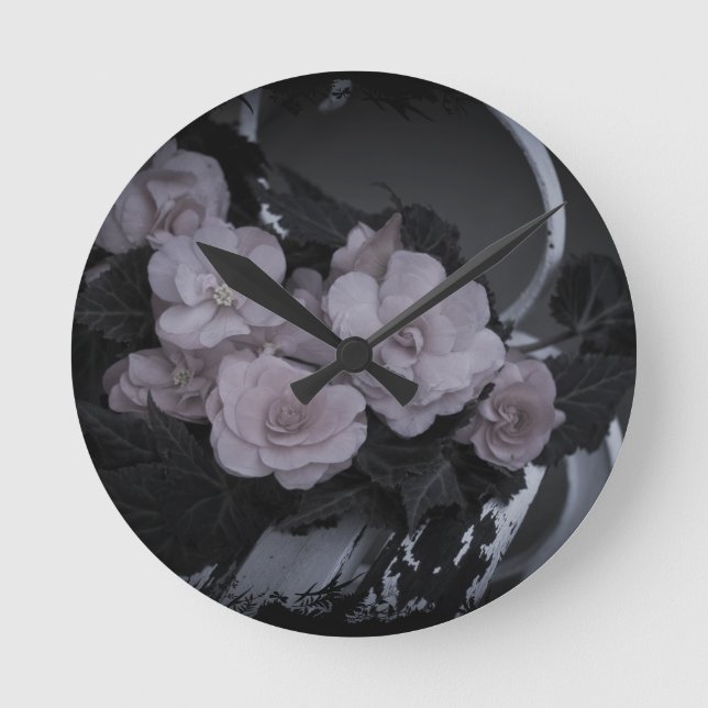 Pink Begonias Resting On Bench Round Clock (Front)
