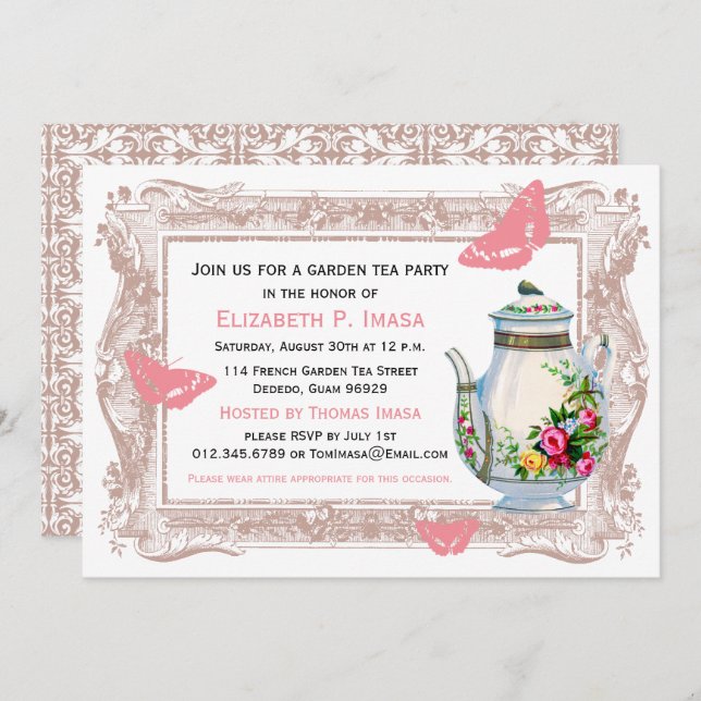Pink & Beige Chic Country Garden Tea Party Invitation (Front/Back)