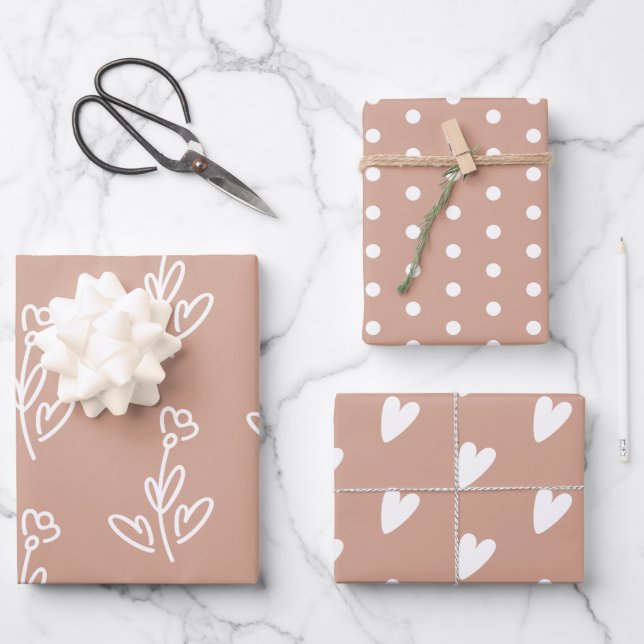 Pink Beige Flowers Hearts Polka Dots  Wrapping Paper Sheet (Front)
