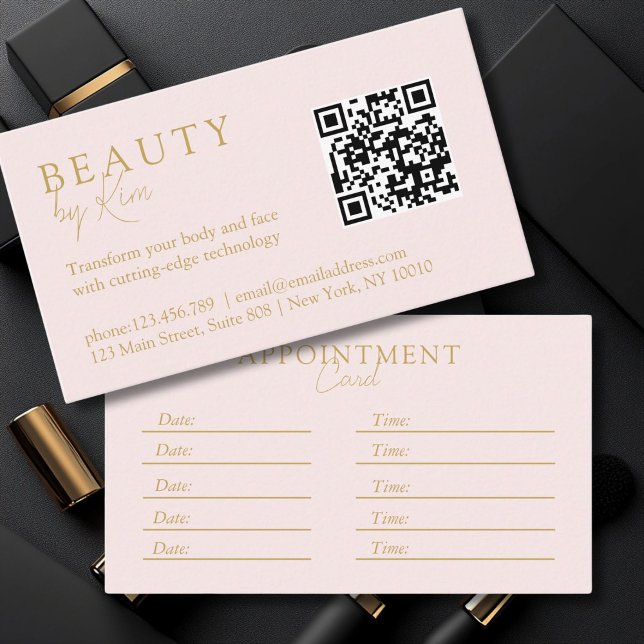 Pink-Beige-Gold, Minimal, Elegant, Salon, QR-Code Appointment Card (Pink-Beige-Gold, Minimal, Elegant, Salon, QR-Code Appointment Card)
