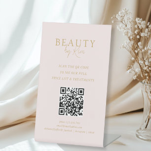 Pink & Beige-Gold Minimal Elegant Salon QR-Code Pedestal Sign